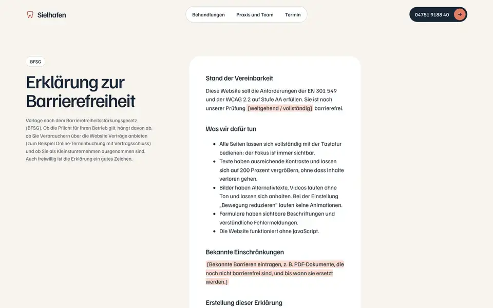 Sielhafen, page "Barrierefreiheit (Vorlage BFSG)", first screen
