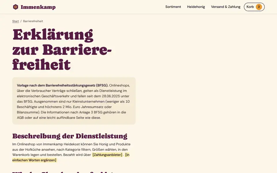 Immenkamp, page "Barrierefreiheit", first screen