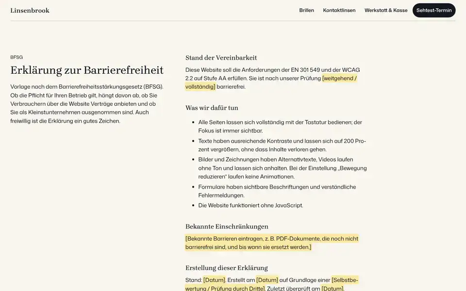 Linsenbrook, Seite „Barrierefreiheit“, erster Bildschirm