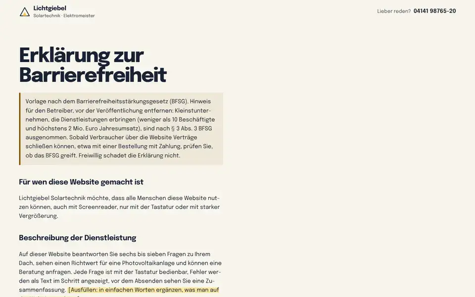 Lichtgiebel, Seite „Barrierefreiheit (Vorlage BFSG)“, erster Bildschirm