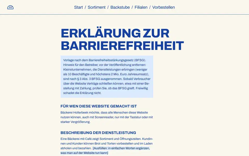 Hollerbeek, page "Barrierefreiheit (Vorlage BFSG)", first screen