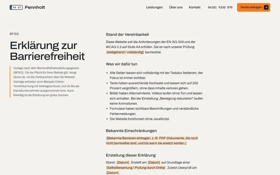 Fennholt, page "Barrierefreiheit (Vorlage BFSG)", first screen