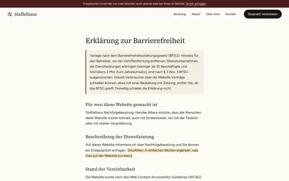Staffelhaus, Seite „Barrierefreiheit (Vorlage BFSG)“, erster Bildschirm