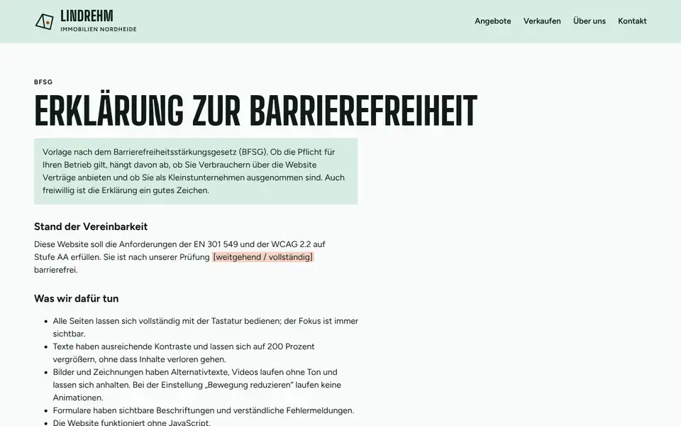 Lindrehm, page "Barrierefreiheit", first screen