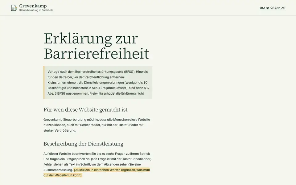 Grevenkamp, page "Barrierefreiheit (Vorlage BFSG)", first screen