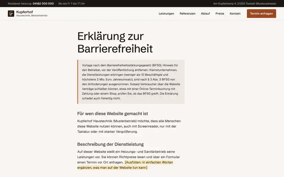 Kupferhof, page "Barrierefreiheitserklärung (BFSG-Vorlage)", first screen