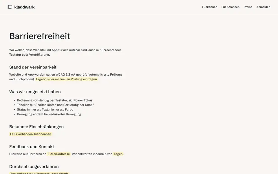 Kladdwark, page "Barrierefreiheit (Vorlage BFSG)", first screen
