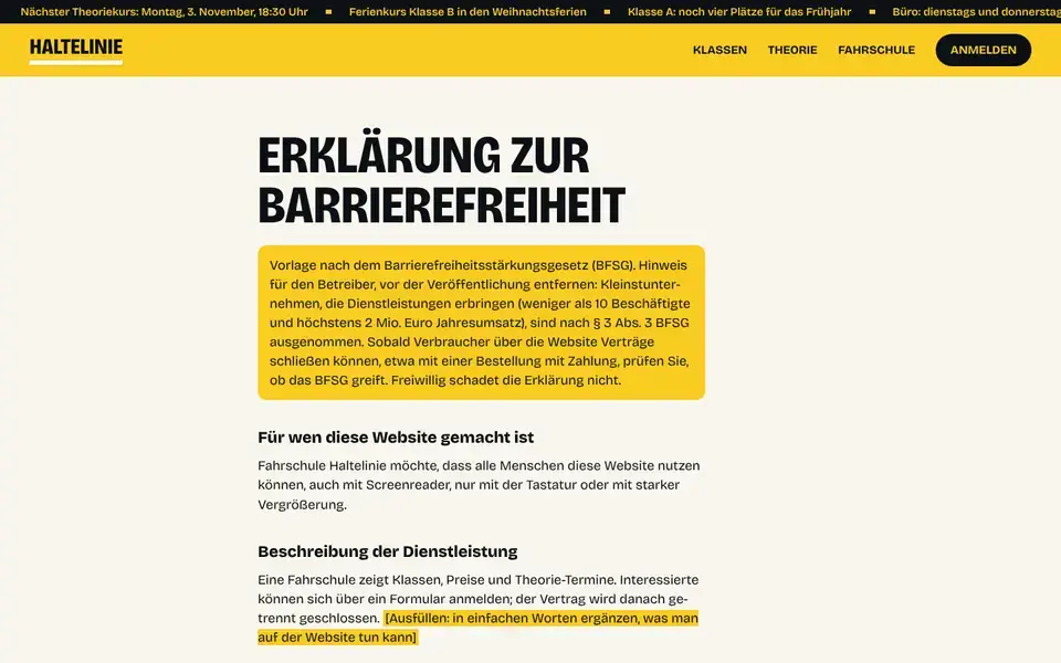 Haltelinie, Seite „Barrierefreiheit (Vorlage BFSG)“, erster Bildschirm