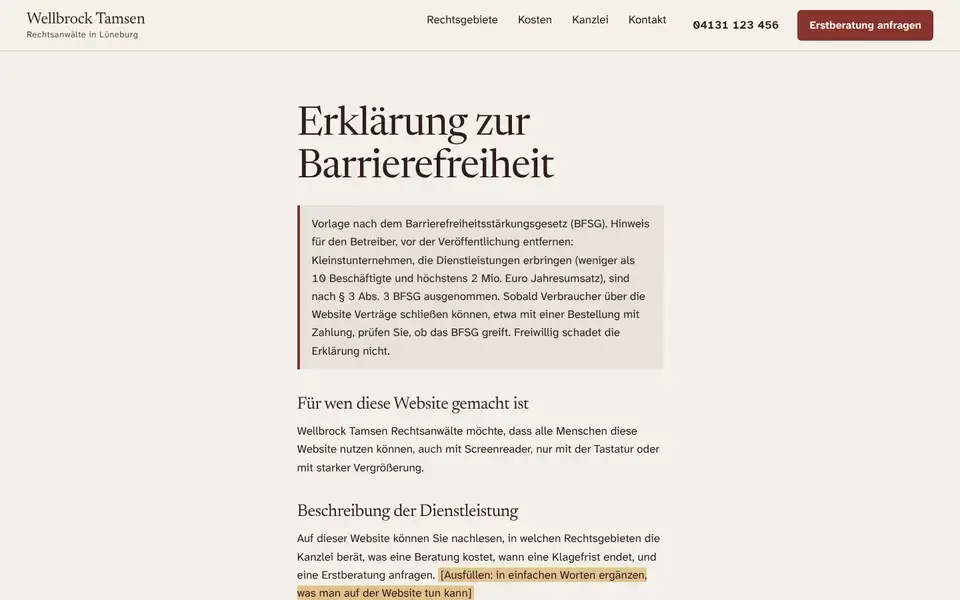 Wellbrock Tamsen, page "Barrierefreiheit (Vorlage BFSG)", first screen