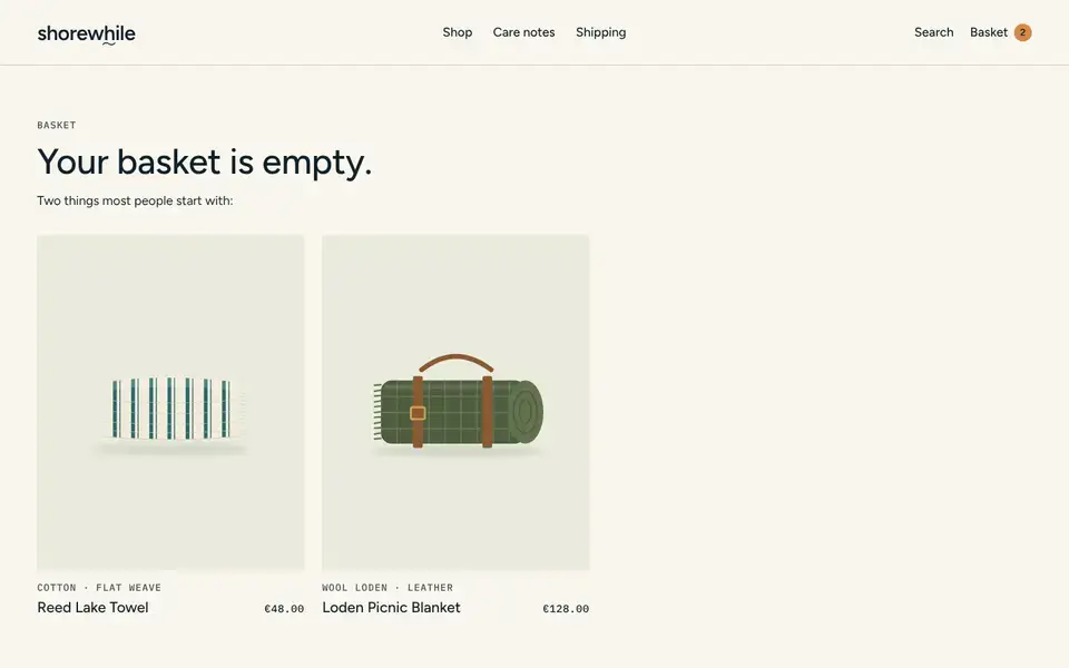 Shorewhile, page "Basket (empty)", first screen