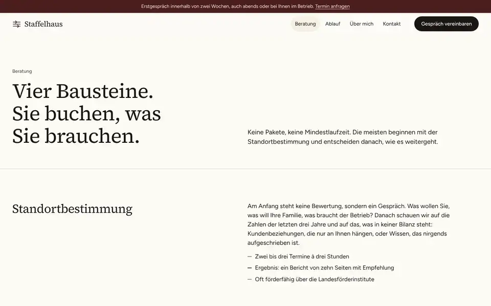 Staffelhaus, Seite „Beratung“, erster Bildschirm