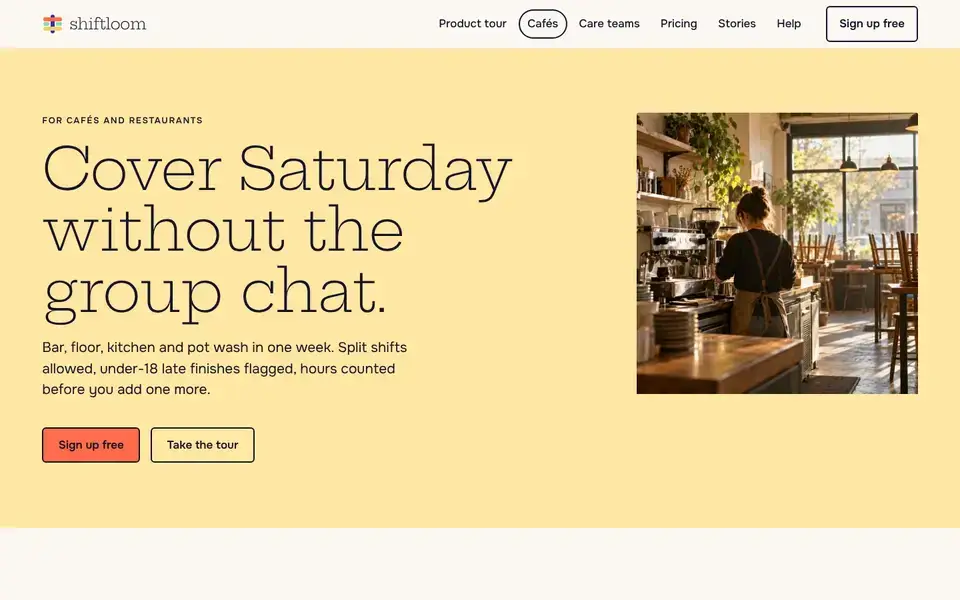 Shiftloom, Seite „For cafés and restaurants“, erster Bildschirm
