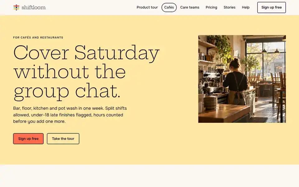 Shiftloom, page "For cafés and restaurants", first screen