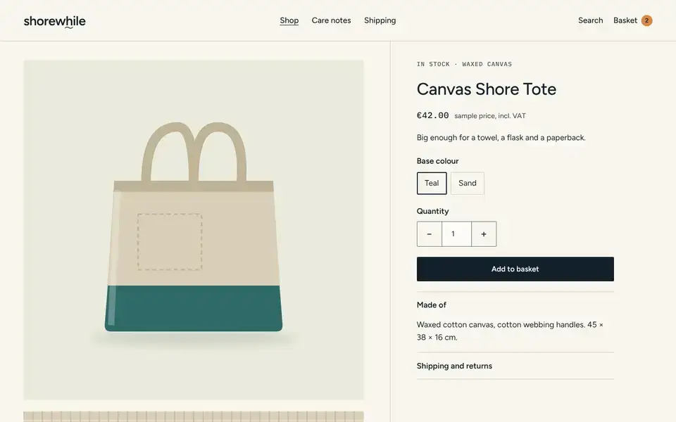 Shorewhile, page "Product: Canvas Shore Tote", first screen