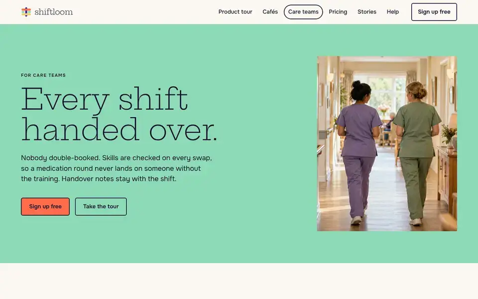 Shiftloom, Seite „For care teams“, erster Bildschirm