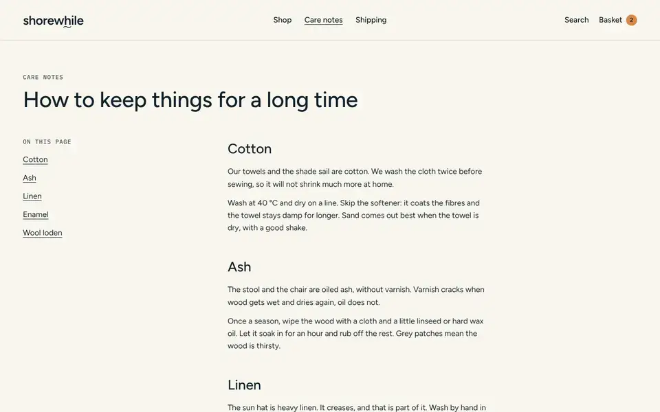 Shorewhile, page "Care notes", first screen