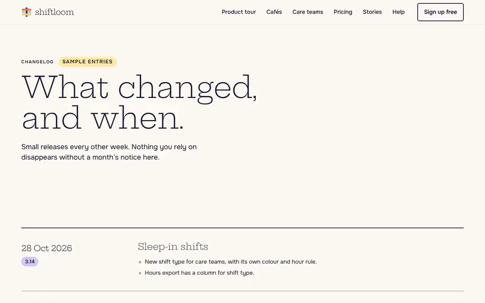 Shiftloom, Seite „Changelog“, erster Bildschirm