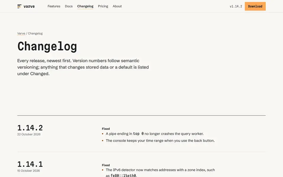 Specimen, Seite „Changelog“, erster Bildschirm