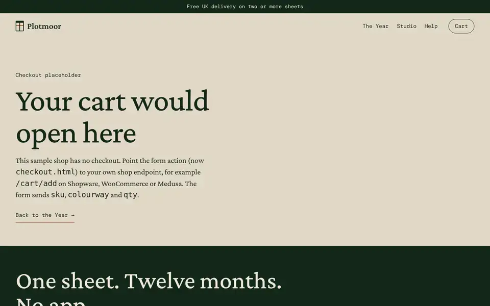 Plotmoor, Seite „Checkout placeholder“, erster Bildschirm