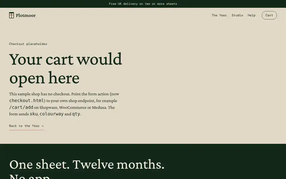 Plotmoor, page "Checkout placeholder", first screen