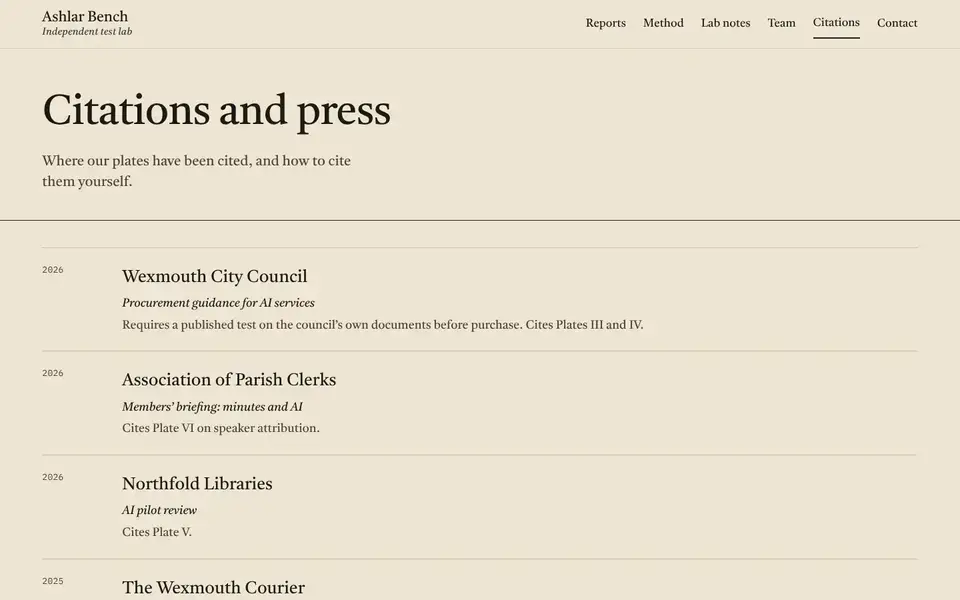 Ashlar Bench, Seite „Citations and press“, erster Bildschirm