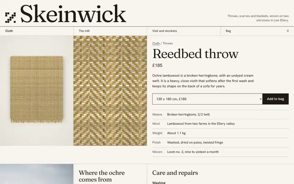Skeinwick, page "Product (Reedbed throw)", first screen