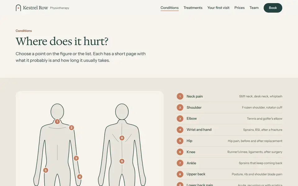Kestrel Row, page "Conditions (body map)", first screen