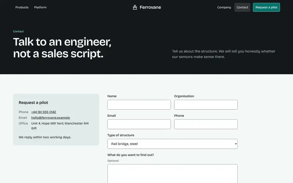 Ferrovane, page "Contact", first screen
