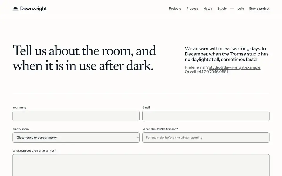 Dawnwright, Seite „Start a project (form)“, erster Bildschirm