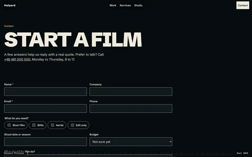 Halyard, page "Start a film", first screen