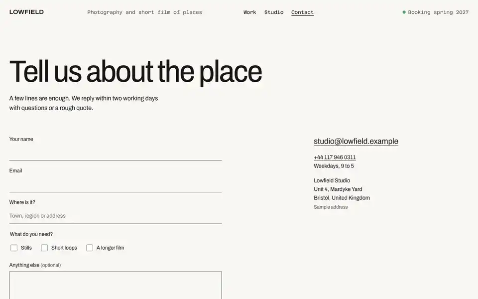 Lowfield, page "Contact", first screen