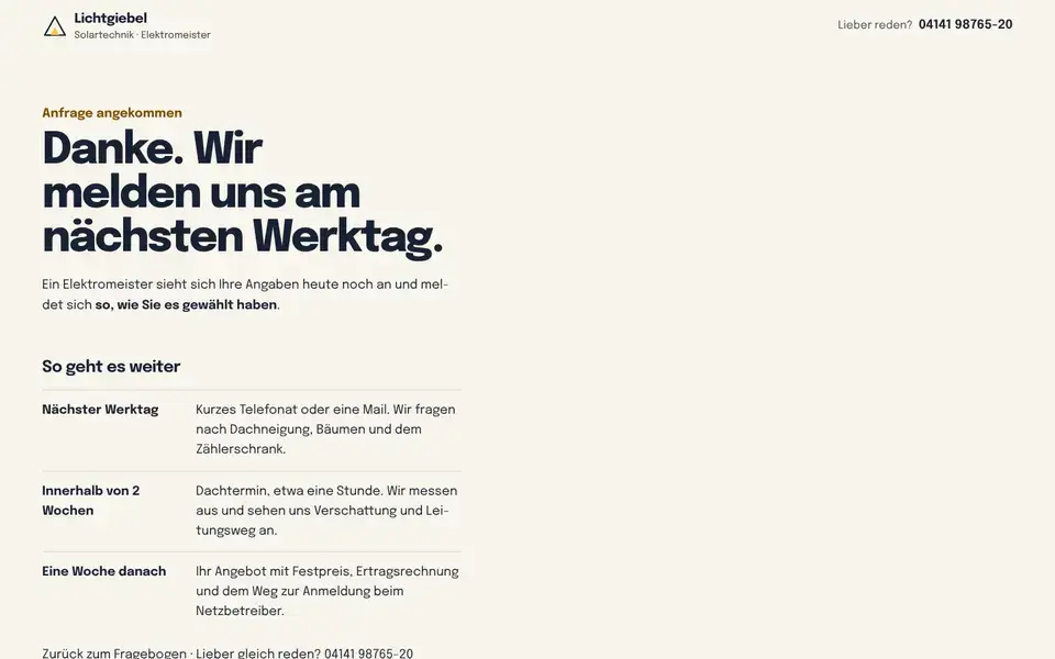 Lichtgiebel, Seite „Ergebnis / Danke“, erster Bildschirm