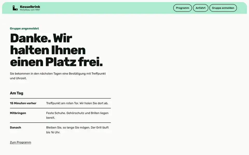 Kesselbrink, Seite „Danke / Bestätigung“, erster Bildschirm