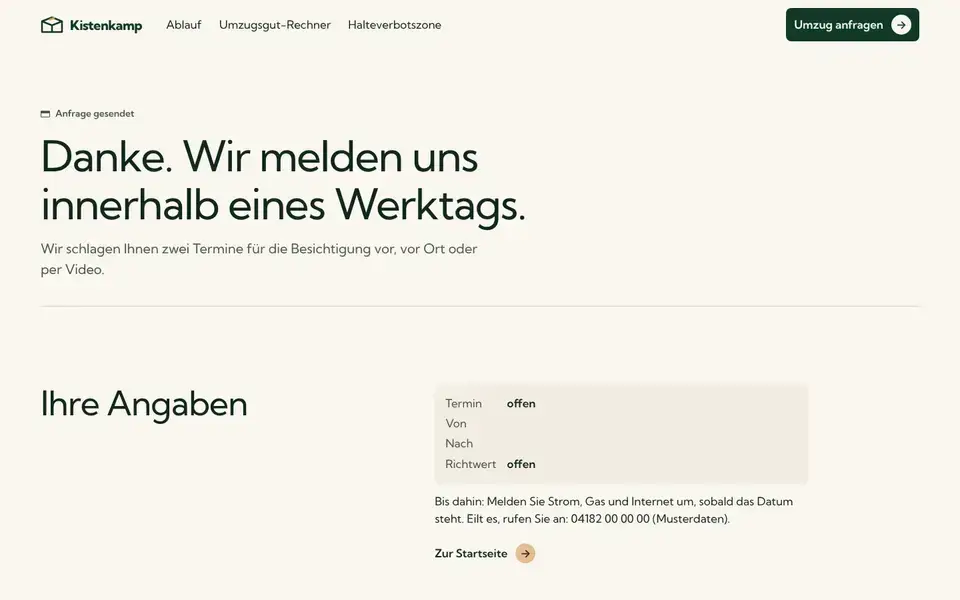 Kistenkamp, Seite „Danke für Ihre Anfrage“, erster Bildschirm