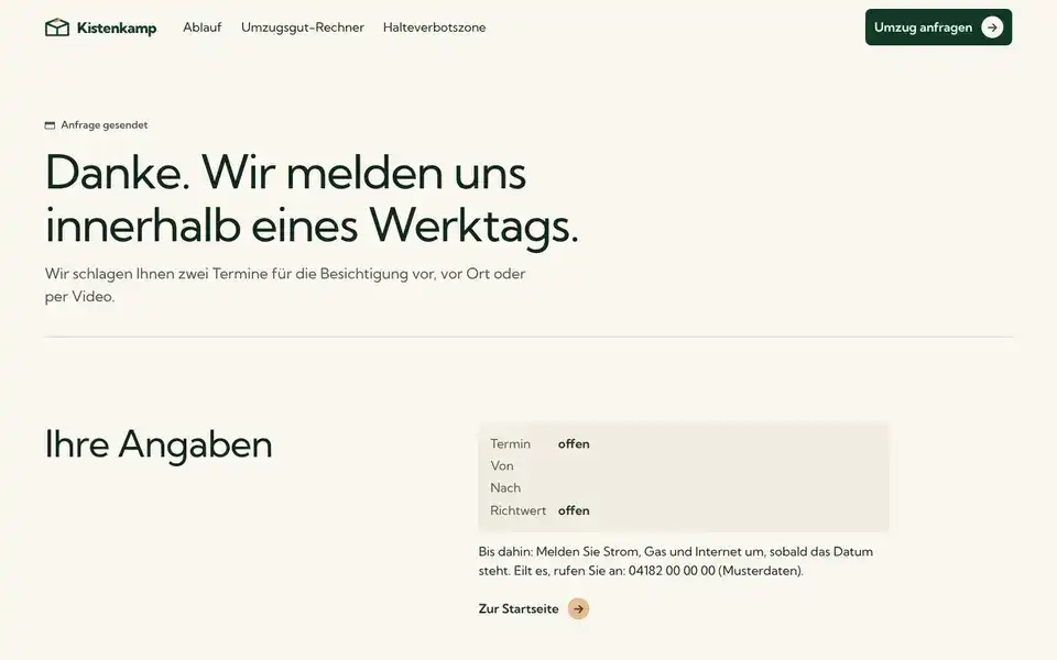 Kistenkamp, page "Danke für Ihre Anfrage", first screen