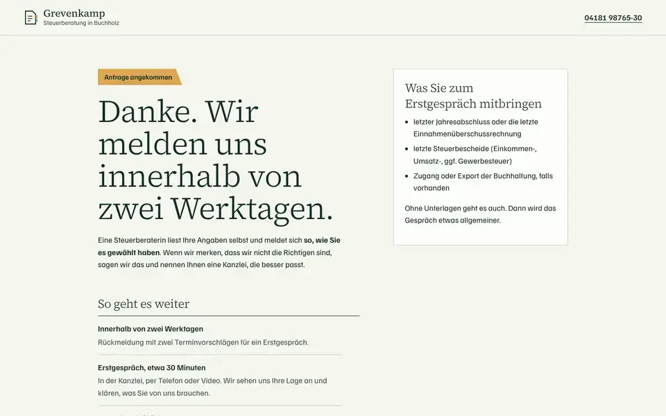 Grevenkamp, page "Ergebnis / Danke mit Unterlagenliste", first screen