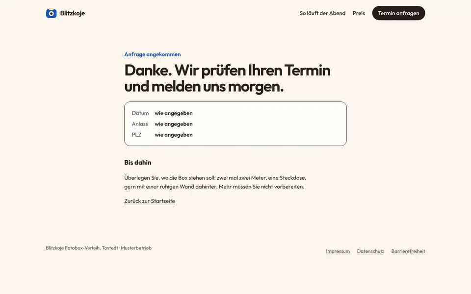 Blitzkoje, Seite „Ergebnis / Danke“, erster Bildschirm