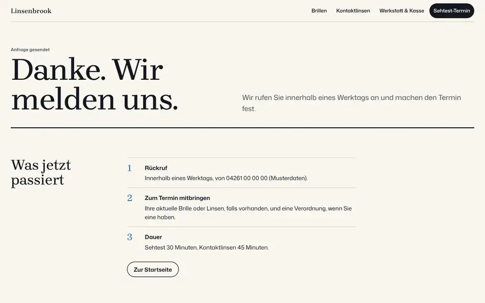 Linsenbrook, Seite „Danke für Ihre Anfrage“, erster Bildschirm