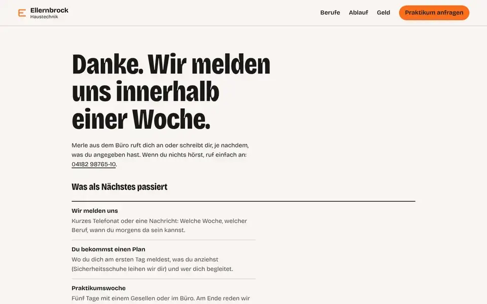 Ellernbrock, page "Danke (Praktikumsanfrage)", first screen