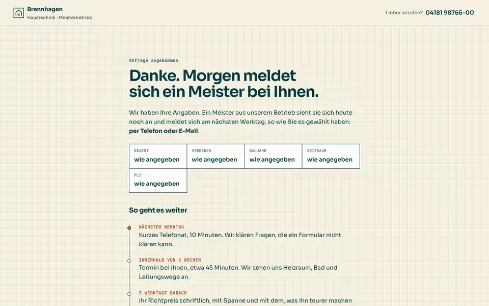 Brennhagen, page "Ergebnis / Danke", first screen