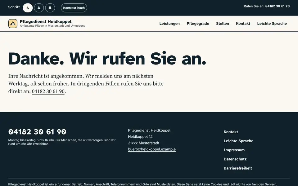 Heidkoppel, Seite „Danke“, erster Bildschirm