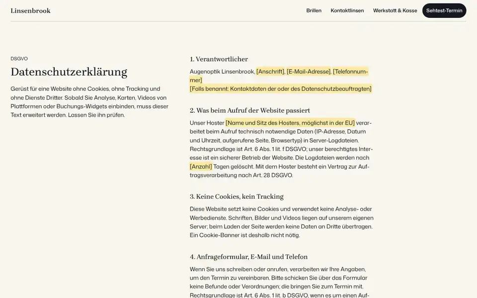 Linsenbrook, Seite „Datenschutz“, erster Bildschirm