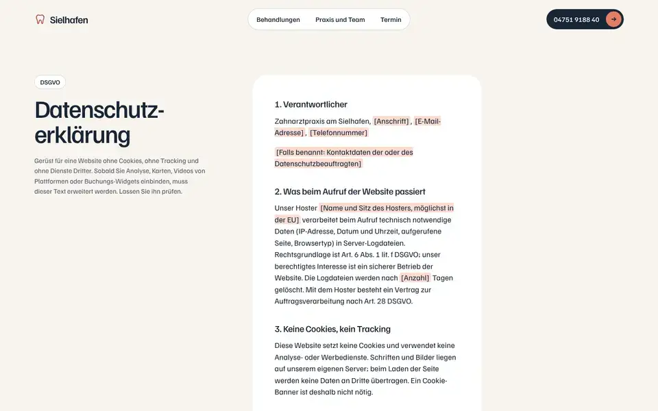 Sielhafen, page "Datenschutz (Vorlage)", first screen