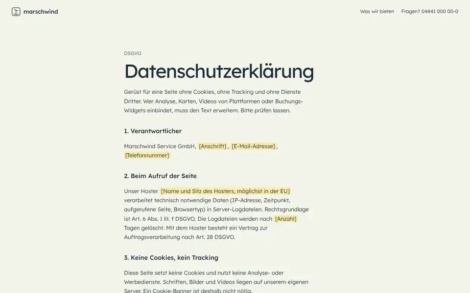 Marschwind, Seite „Datenschutz (Vorlage)“, erster Bildschirm