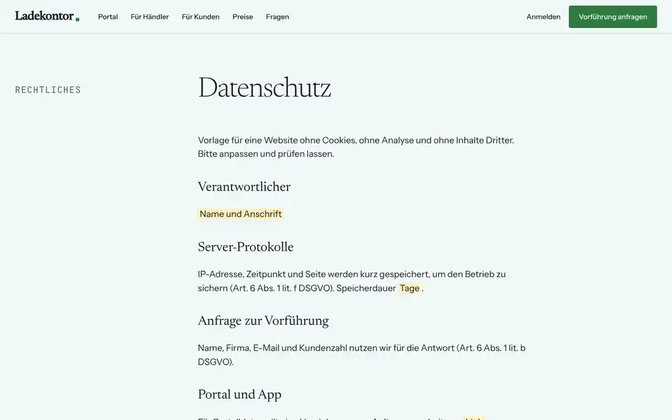 Ladekontor, Seite „Datenschutz (Vorlage)“, erster Bildschirm