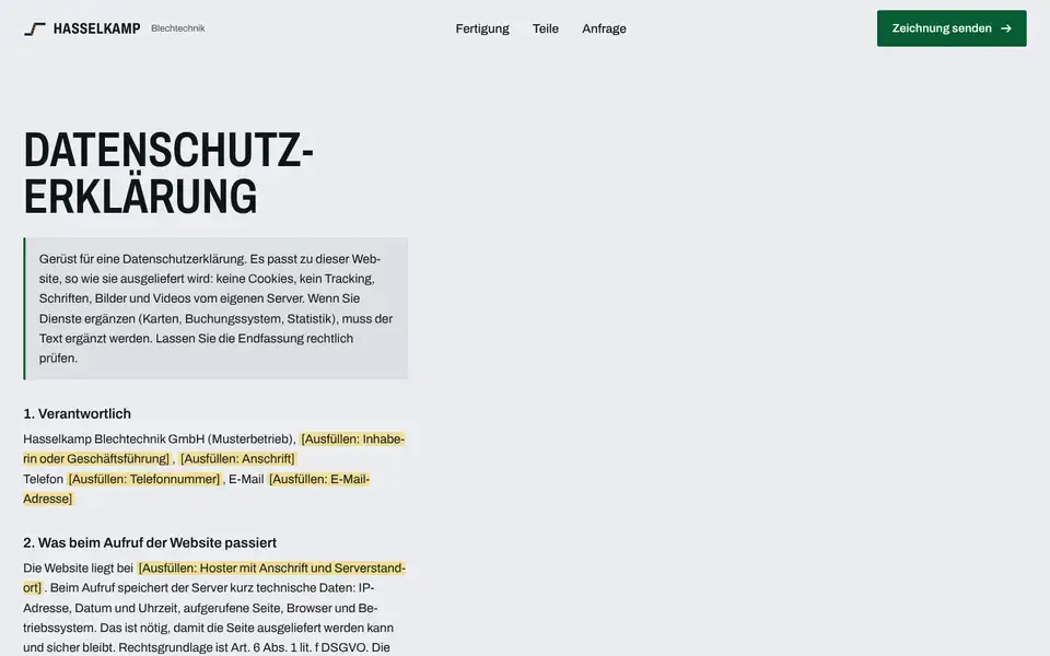 Hasselkamp, page "Datenschutzerklärung (Gerüst)", first screen