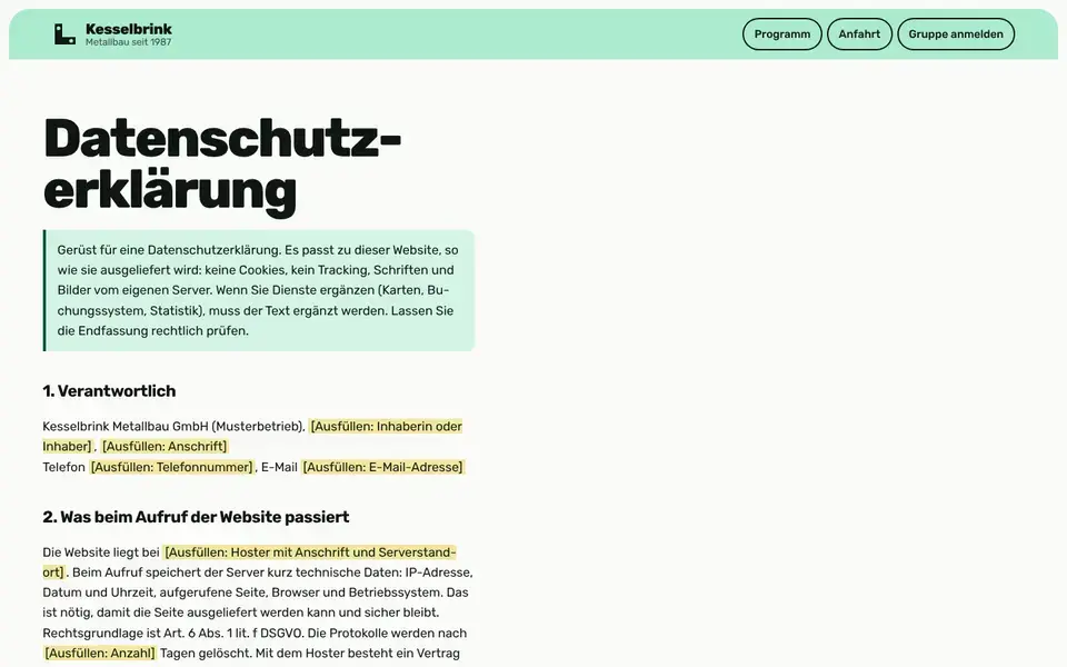 Kesselbrink, Seite „Datenschutz (Vorlage)“, erster Bildschirm