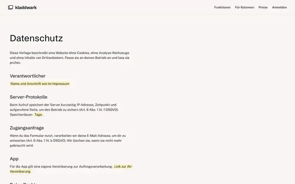 Kladdwark, page "Datenschutz (Vorlage)", first screen