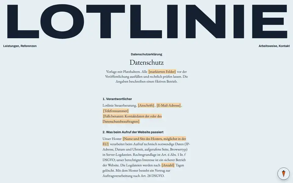 Lotlinie, page "Datenschutz (Vorlage)", first screen