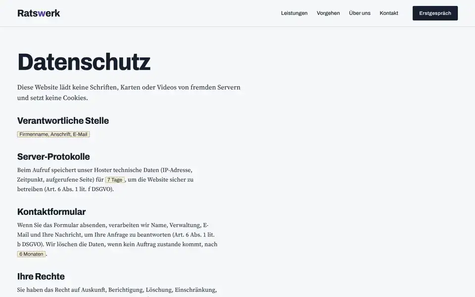 Ratswerk, Seite „Datenschutz (Vorlage)“, erster Bildschirm